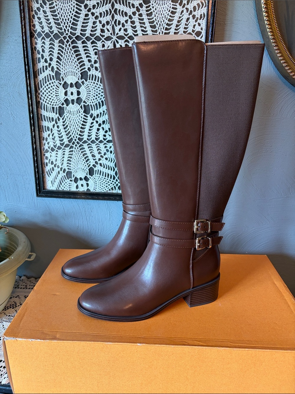 Unisa Brown Knee-High Leather Riding Boots with Buckle Straps